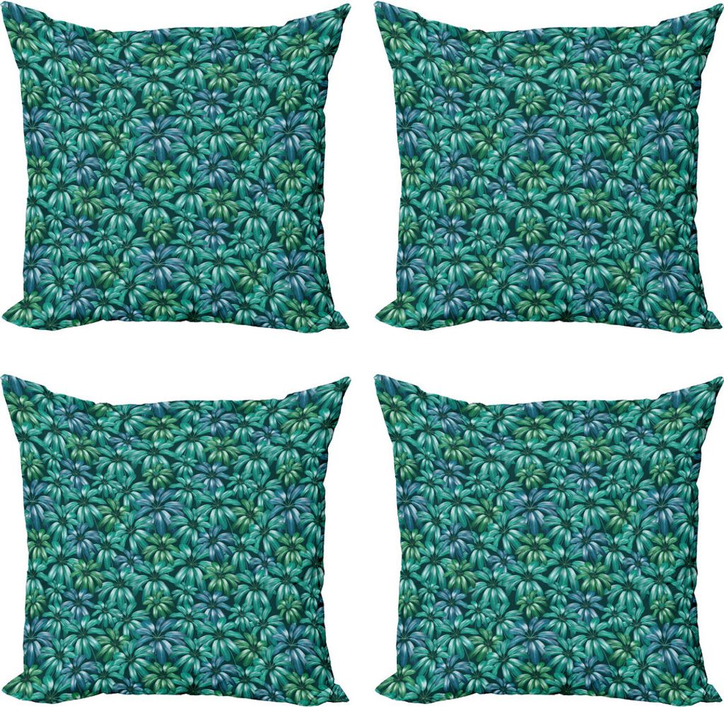 ABAKUHAUS Blumen Kissenbezug Set (4 Stück), Exotische Blüten-Foliage, Moderner Doppelseitiger Digitaldruck, 50 cm x 50 cm, Jade-Grün-Blau Petrol