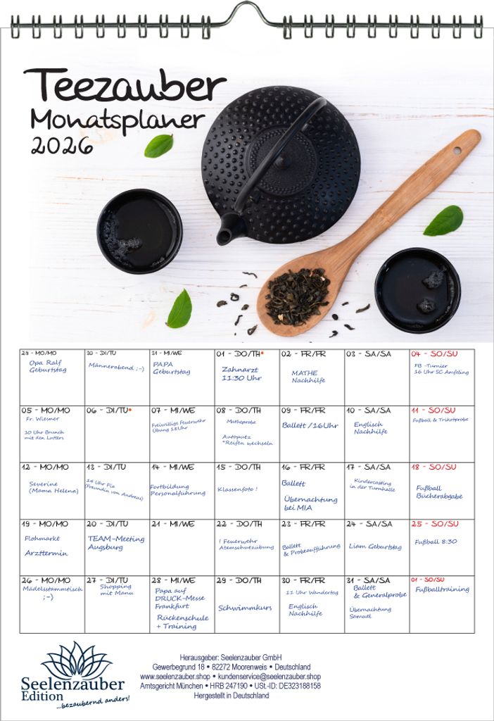 Teezauber Planer DIN A4 Kalender für 2026 Tee - Seelenzauber