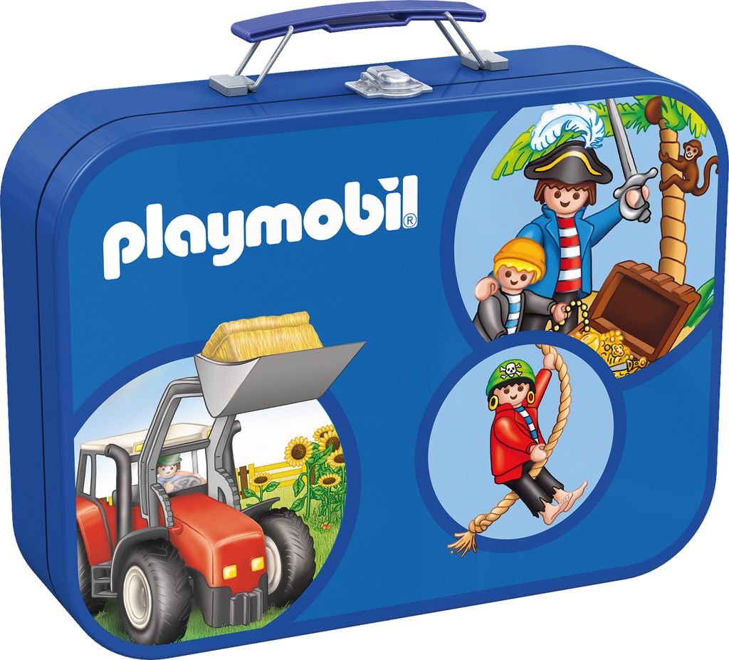 A blue tin box with Playmobil characters and a tractor depicted on it.