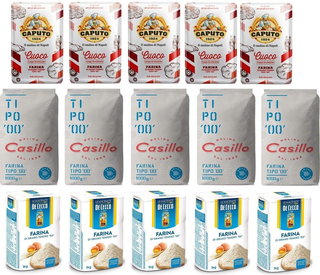 Testpaket Farina di Grano Tenero Caputo Cuoco - De Cecco - Casillo Weizenmehl Typ 00 Italienisches Mehl Pizzamehl Italian Flour ( 15 x 1Kg )