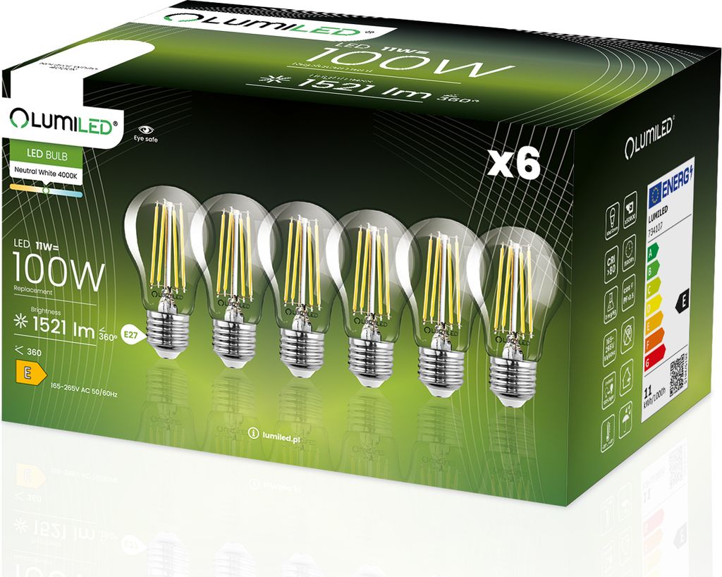 6x Żarówka LED E27 A60 11W = 100W 1521lm 4000K Neutralna Zdjęcie produktu 