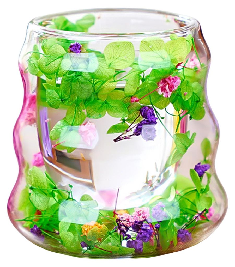 Isolierbecher mit Trockenblumenmuster, doppelwandig, hitzebeständig, aus Klarglas, ideal für Wasser, Milchtee, Latte Macchiato und Saft – Küch...