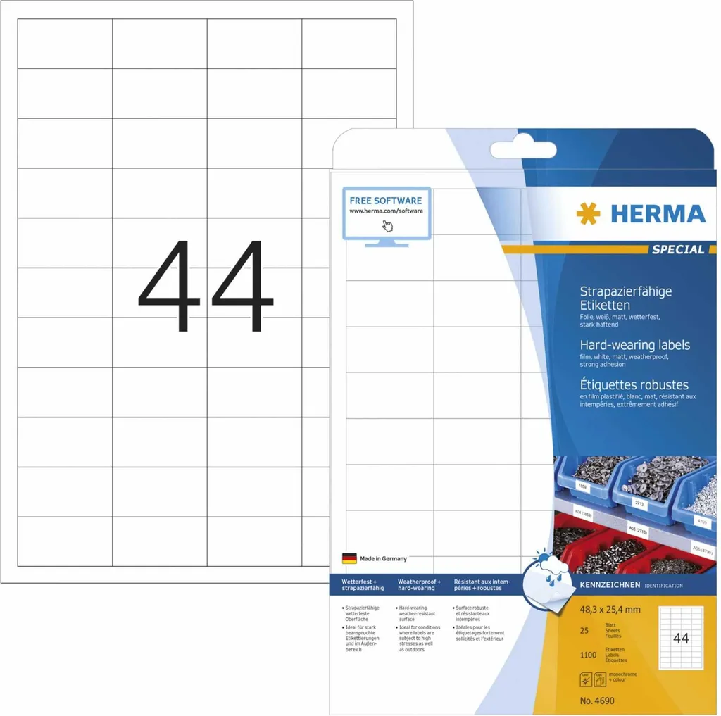 HERMA Special - Etichette autoadesive permanenti in film opaco - bianco - 48,3 x 25,4 mm - 1100 etichette (25 fogli x 44) (4690)
