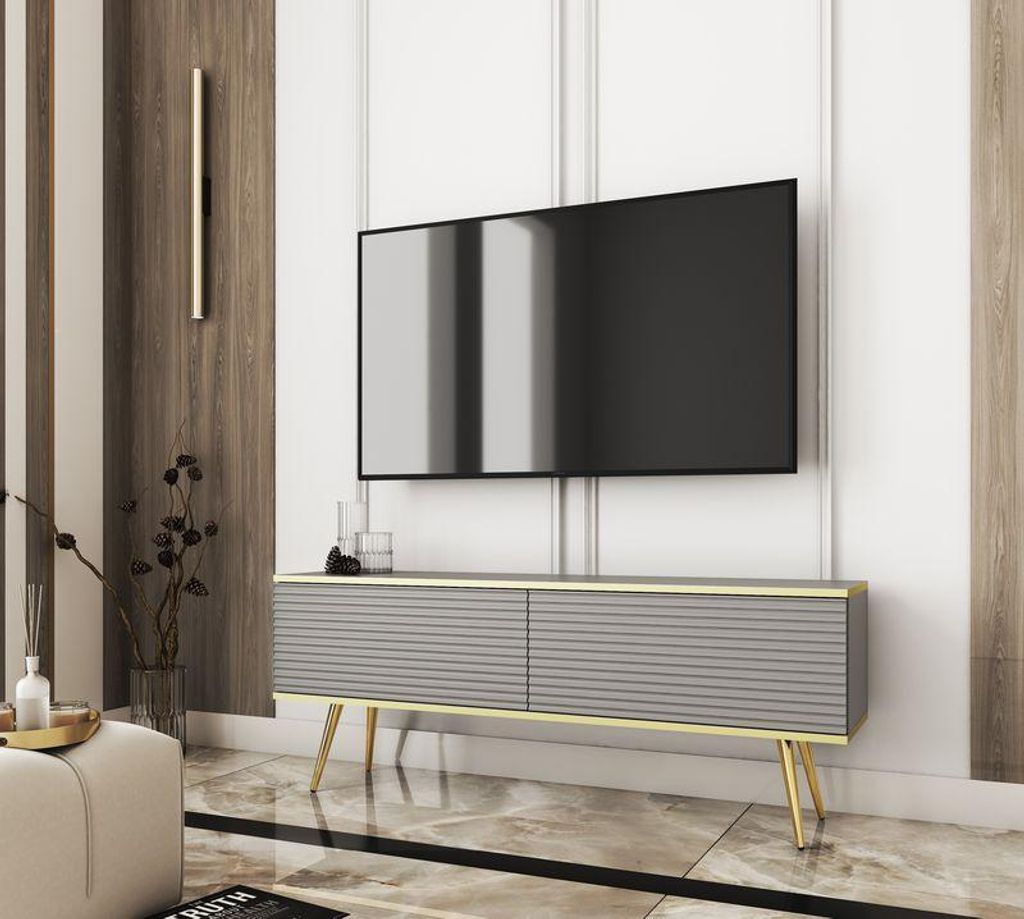 Fernsehtisch – TV Schrank – TV Möbel – ORO MDF – RTV-135 MDF nóżka 4 szt – 135 cm – Grau – Stilvolles Wohnzimmermöbel – Mehrfar...