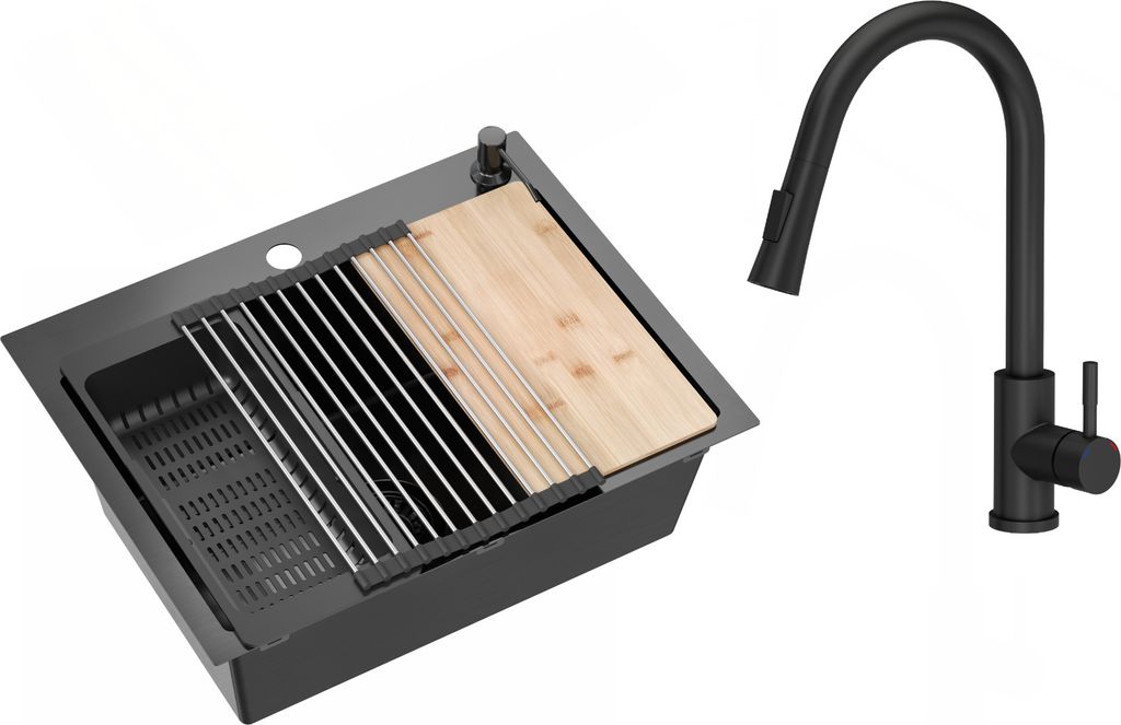 VBChome Edelstahlspüle mit Armatur 58 x 45 cm Schwarz Zubehörset Spender Schneidbrett Rollmatte Faltbarer Abtropfständer Siphon Armatur Schwarz