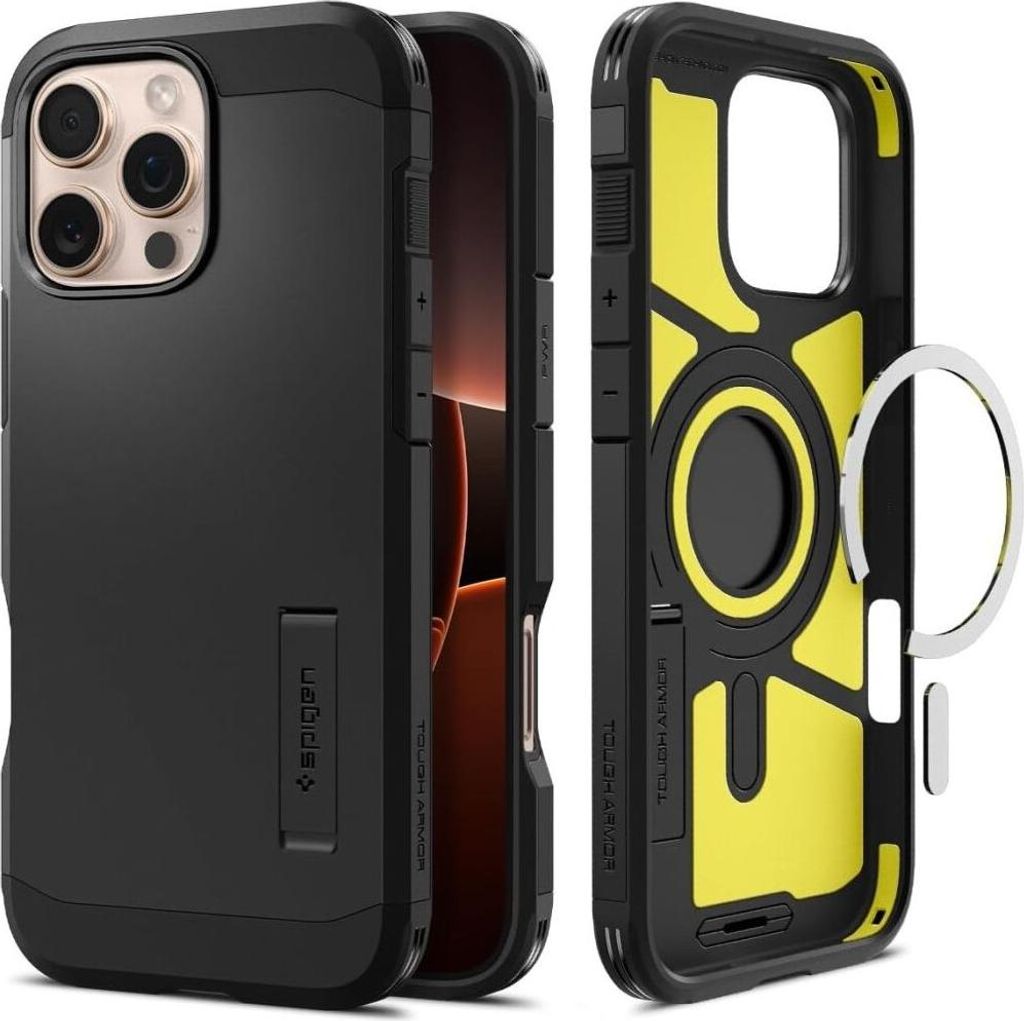 A black iPhone case with a yellow interior, shown from the front and side, with a magnetic ring accessory.