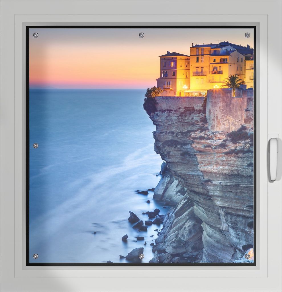 Wallario Lichtschutzbild, Dekorativer Sichtschutz Sonnenschutz 96 x 100 cm mit Motiv: Haus an der Klippe - Verdunklung ohne Bohren