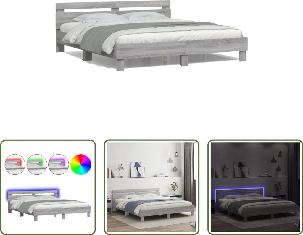 The Living Store Bettgestell mit Kopfteil und LED-Beleuchtung Grau Sonoma