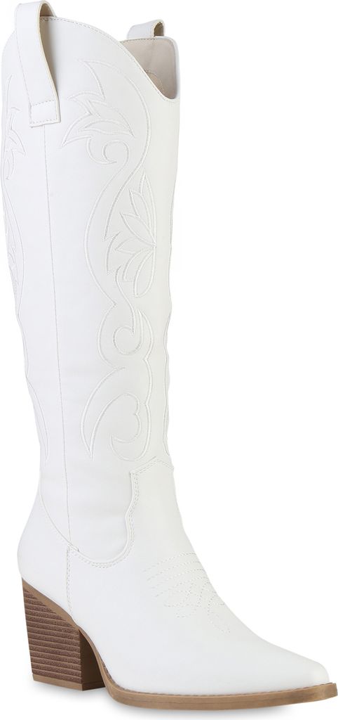 VAN HILL Damen Cowboystiefel Stiefel Spitze Stickereien Western Schuhe 841572, Farbe: Weiß, Größe: 36