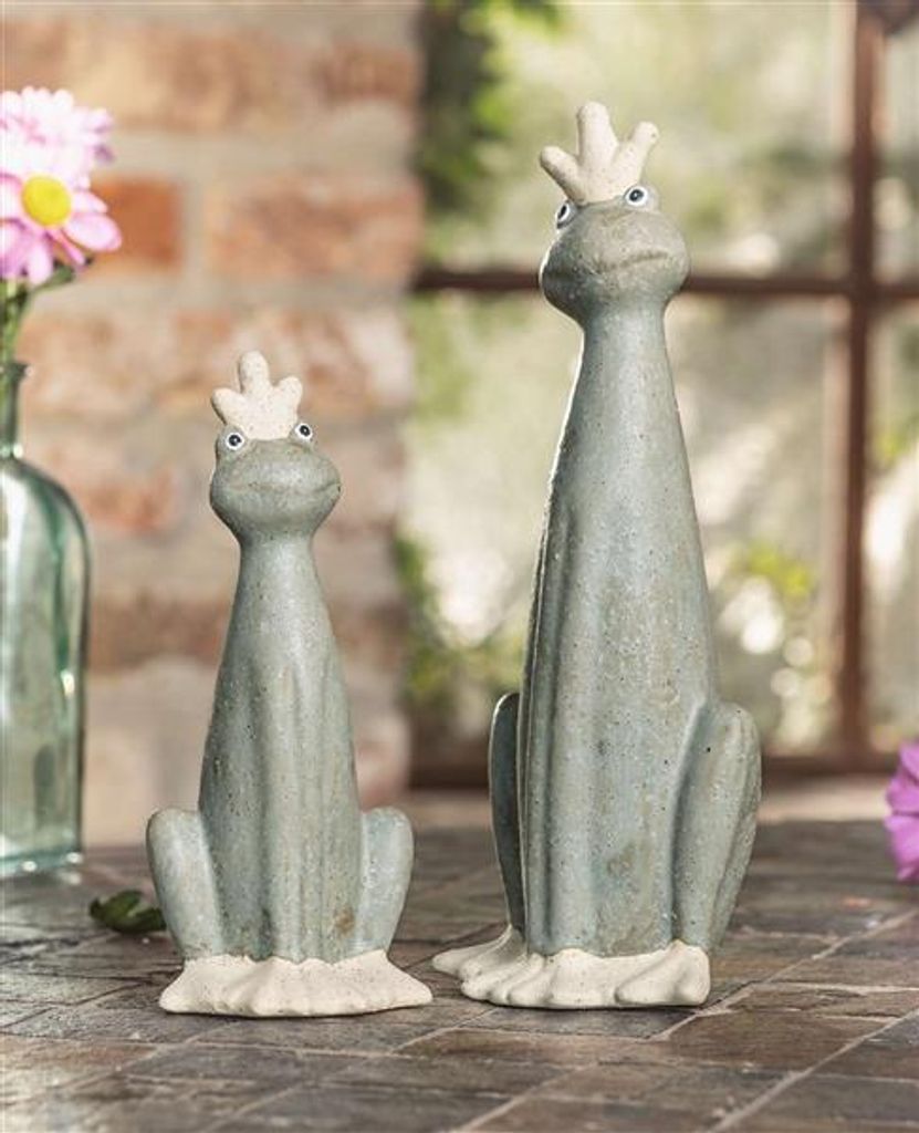 2x Dekofigur "Froschkönig" aus Terracotta, 20 + 28 cm hoch, Gartenfigur Frosch mit Krone, Gartendeko für Draußen