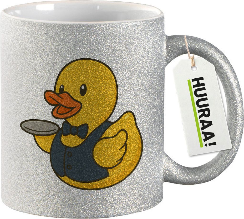 Huuraa Glitzertasse Quietscheente Gastronomie Comic Gummiente 330ml Silber Keramik Kaffeebecher Geschenkidee