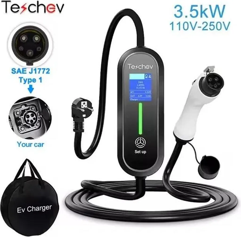 Chargeur EV portable Teschev 3,5 kW 16A Type 1 courant réglable 5m
