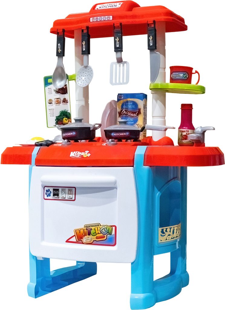 Aga4Kids Plastik-Kinderküche mit Zweiplattenherd und Backofen, Küchenspülbecken mit Wasserhahn, beleuchtete Brenner und Dunstabzugshaube, Rot/Blau