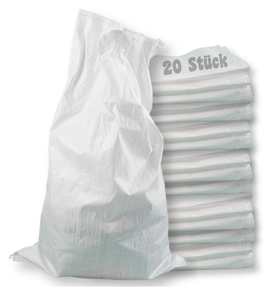 A large white woven bag is shown next to a stack of white items, possibly more bags, with text indicating quantity.