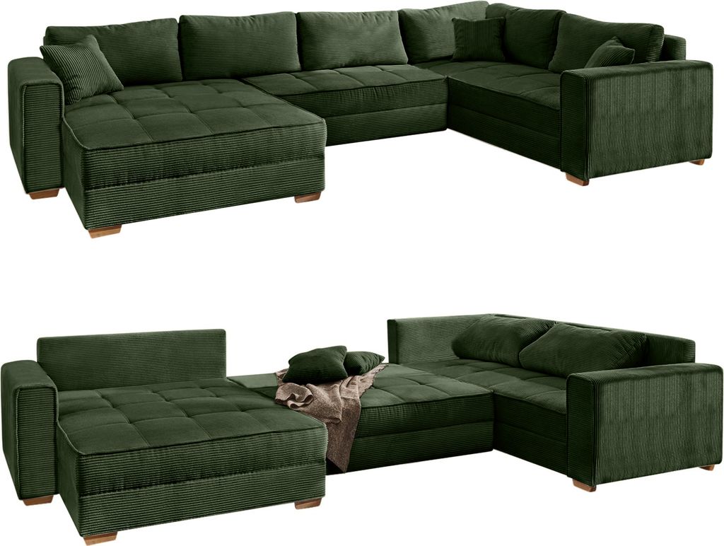 Wohnlandschaft U-Form Sofa Schlaffunktion Couch Bettkasten Cord in Grün / 15199
