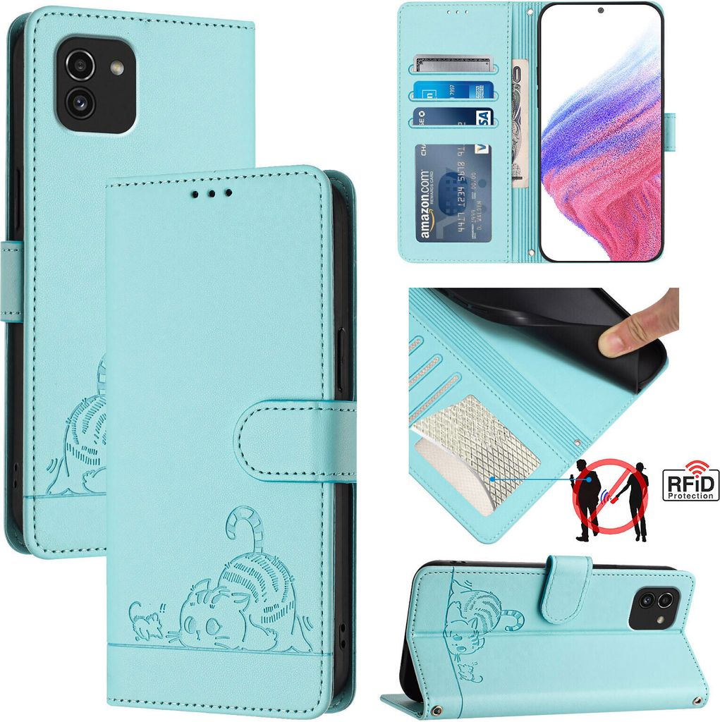 Leder Hülle für Samsung Galaxy A03 Süße Katze Flip Case Brieftasche Schutzhülle mit Standfunktion hellgrün