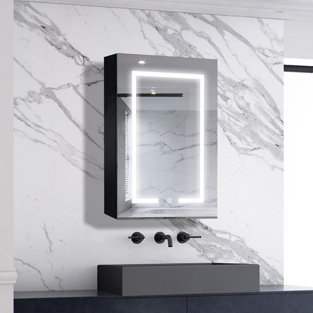 AICA LED Spiegelschrank 40x70cm Hochglanz Schwarz Touch/Wandschalter Beschlagfrei 3 Lichfarbe Dimmbar Spiegelschrank mit Steckdose