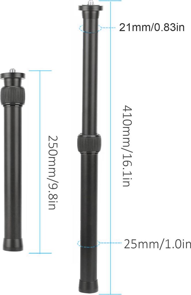 2 Abschnitt Verlängerungsrohr Aluminiumlegierungstativmitte -Erweiterung mit 1/4in 3/8 -Zoll -Schraube
