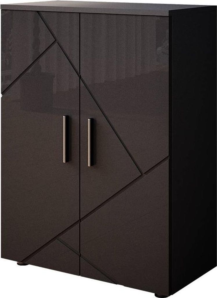 A dark gray, high-gloss cabinet with a geometric design on the doors and silver handles, shown against a light gray background.