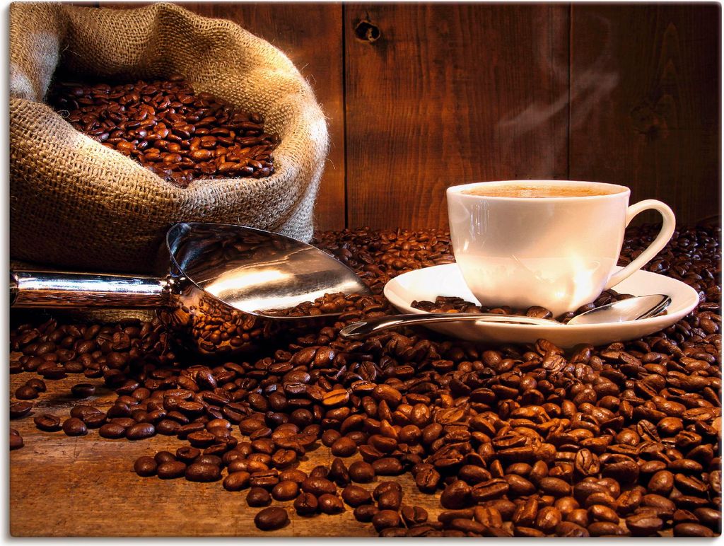 ARTland Leinwandbild Kaffeetasse und Leinensack auf Tisch Größe: 80x60 cm