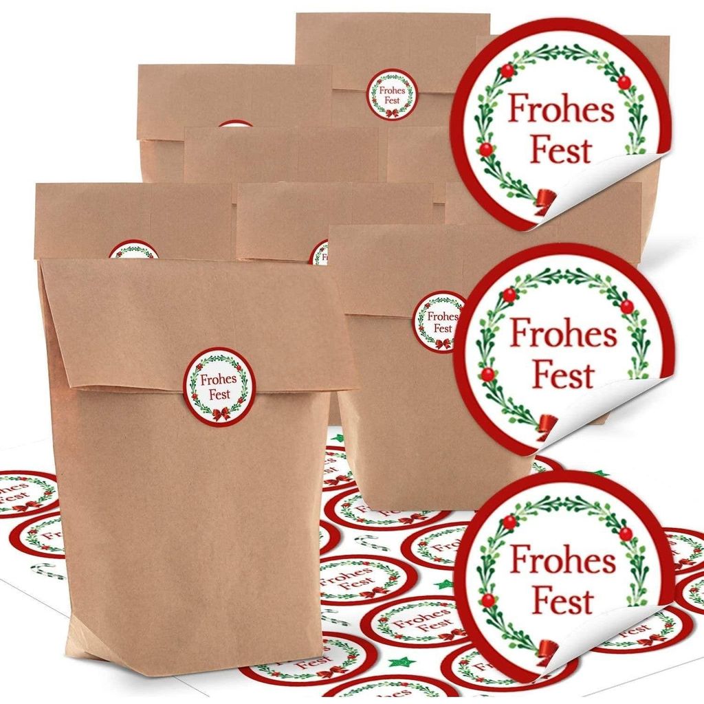 24 kleine braune Papiertüten natur Kraftpapier 16,5 x 26 x 6,6 cm + 24 runde Aufkleber 4 cm FROHES FEST Kranz rot grün weihnachtliche Geschenk Ve...