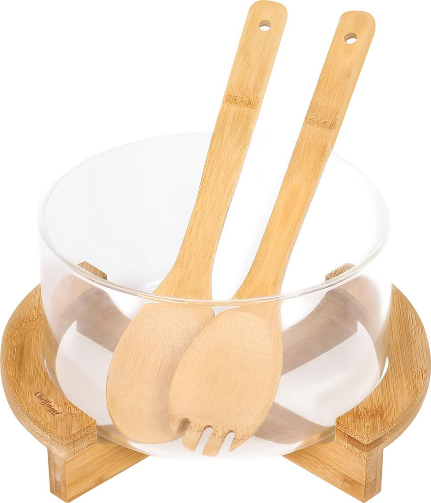 Cheffinger, Glasschüssel mit Bambus Boden und Besteck Inklusive Praktisch, Transparent