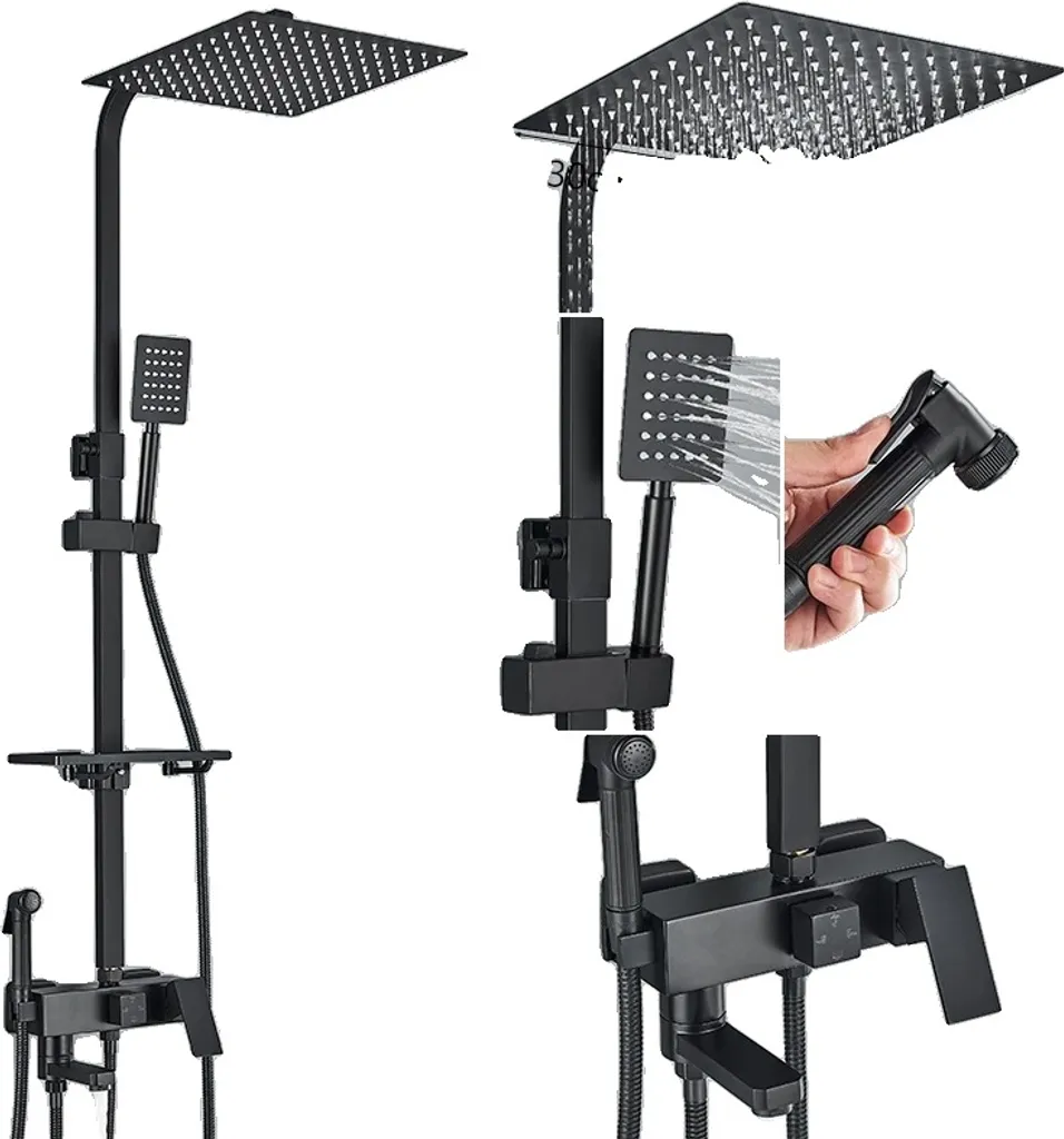 Set Doccia Nero 4 Vie Completo - Ottone e Soffione 12 Pollici