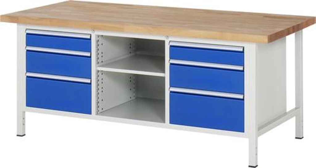 Werkbank mit 2 Ablageböden - 6 Schubladen - Teilauszug - 120:2 / 150:2 / 270:2 - Höhe 840-1.040 mm - 2.000 x 900 mm (BxT) - Traglast 1.250 kg - B...