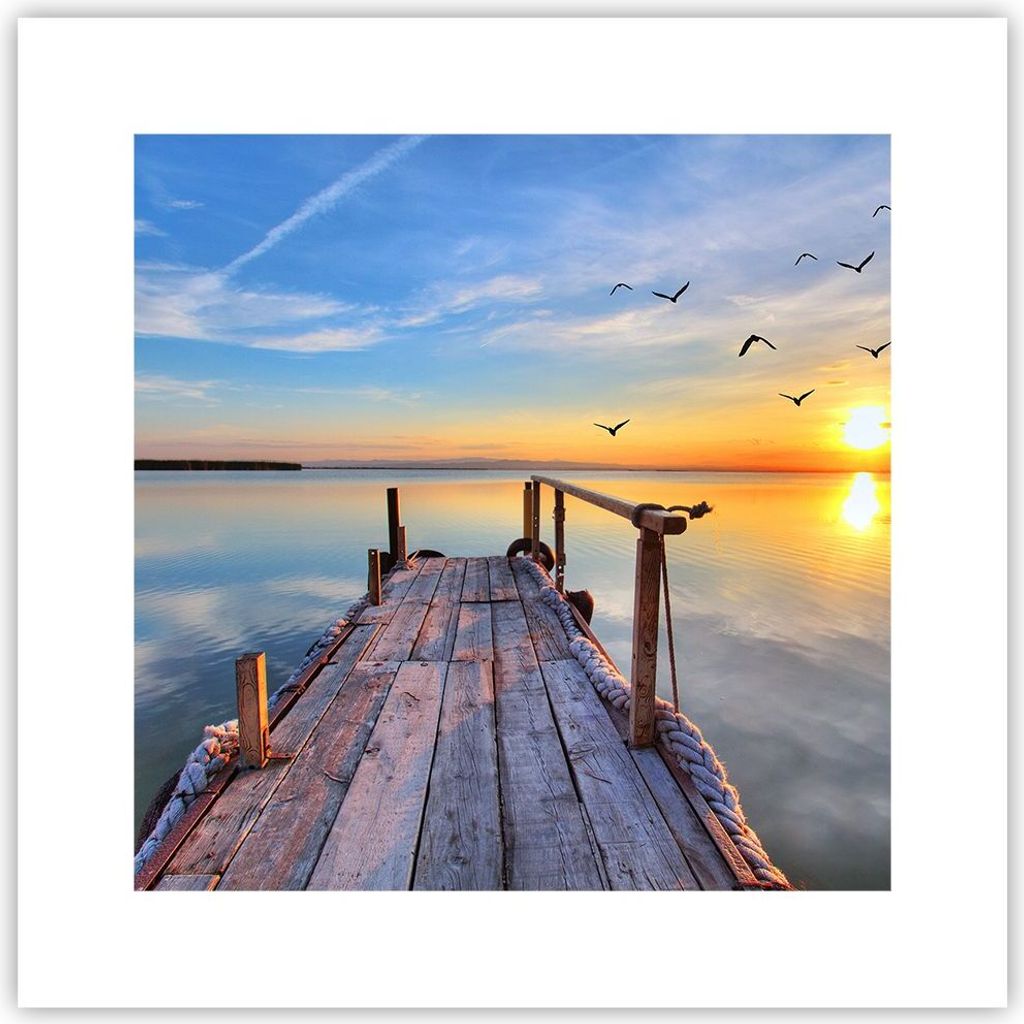 Poster - Poster ohne Rahmen - See Natur Brücke Vögel - 30x30 cm - Wand Bild - Wanddeko - Wandbilder - Kunstposter - Wandposter - Bilder - Kunstdr...