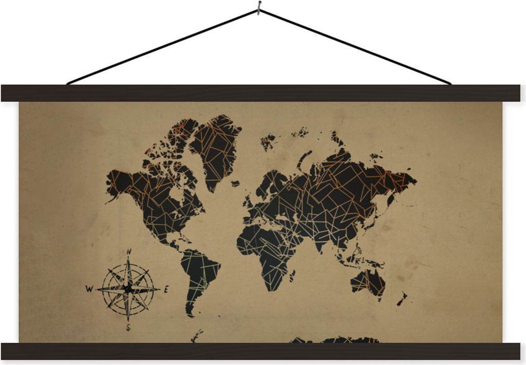 MuchoWow Textilposter Weltkarte - Formen - Windrose 90x45 cm mit schwarzem Rahmen - Klemmleisten