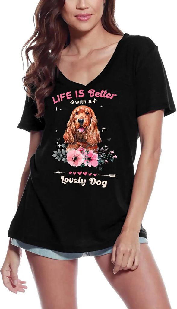 Damen Grafik T-Shirt V-Ausschnitt Das Leben eines Sus-Spaniels ist besser mit einem lieben Hund – Sus Spaniel Life Is Better With A Lovely Dog