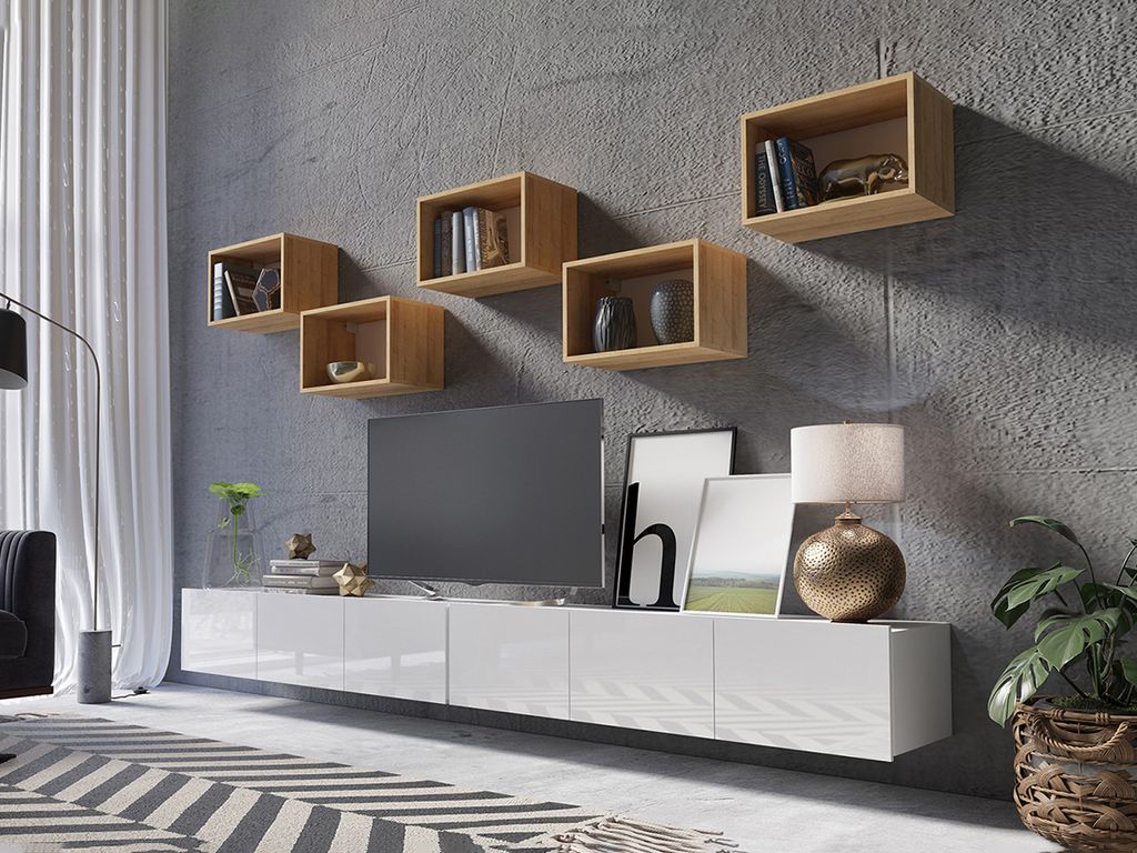 Wohnwand CALABRINI-32 Wohnzimmer-Set Hängewohnwand Schrankwand Schrank TV-Schrank Moderne Anbauwand Hochglanz (Weiß / Goldene Eiche)