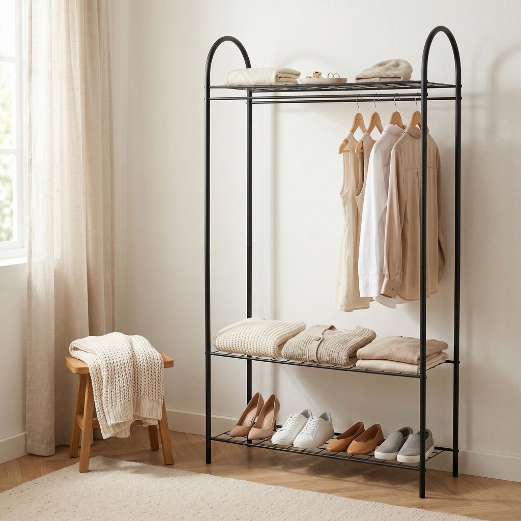 Kleiderständer mit 3 Ablagen, Offener Kleiderschrank Garderobenständer freistehend Schwarz Metall, Bogen-Design Skandi-Industrial, Schlafzimmer