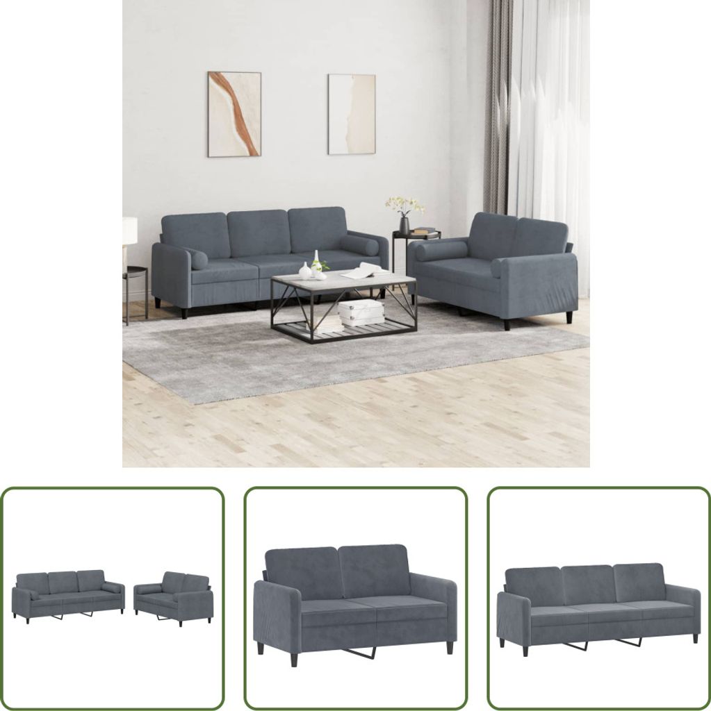 The Living Store 2-tlg. Sofagarnitur mit Kissen Dunkelgrau Samt