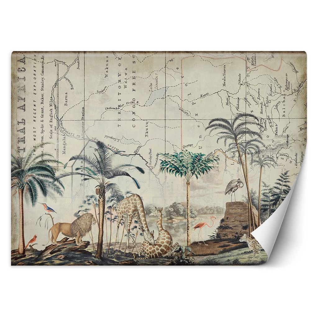 FOTOTAPETE Tropische Weltkarte Tiere Shabby chic 450x315 cm VLIES Tapete Wandtapete Wandbilder Wanddekoration Design Wohnzimmer Schlafzimmer Flur B...