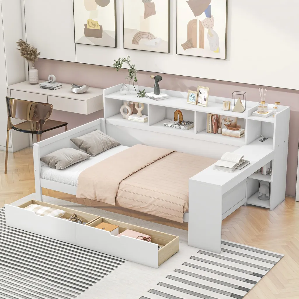 Lit combiné 90x200 cm Lit Ado Blanc avec Bureau et Rangements Intégrés