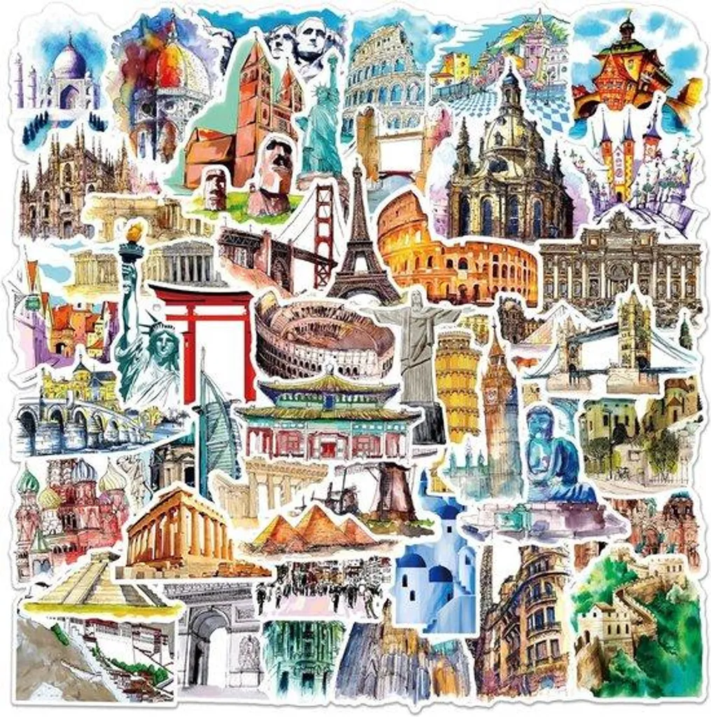 Autocollants décoratifs sites touristiques - 50 stickers style vintage