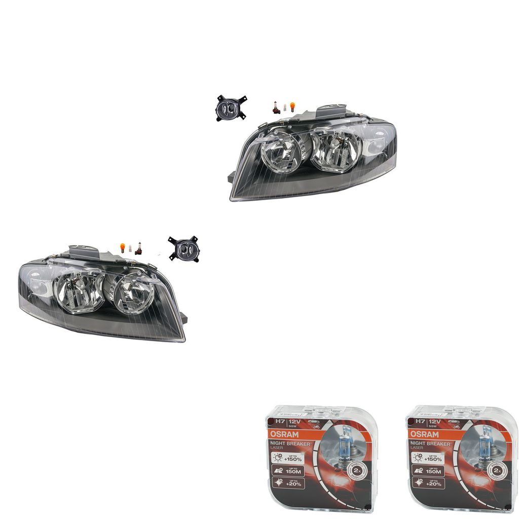 Johns, Scheinwerfer Satz + Osram Night Breaker Laser passend für Audi A3 8P 05/03-07/08 8E0941699C 8E0941699E 8E0941700C 8E0941700E 8P0941003K 8P0...