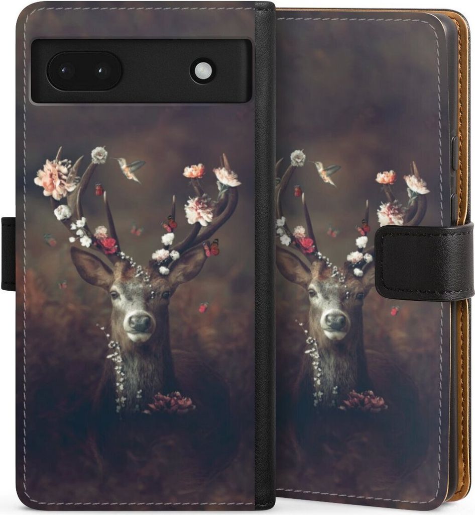 DeinDesign Klapphülle für Google Pixel 6a Handytasche Lederhülle Tasche Blumen Rehe Rentier