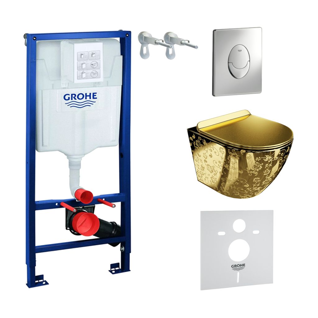GROHE Vorwandelement Solido Start + Wand Hänge WC Sofi Slim Golden Eye Gold Spülrandlos + WC-Sitz SoftClose |Verchromter Knopf | Komplettset | Un...