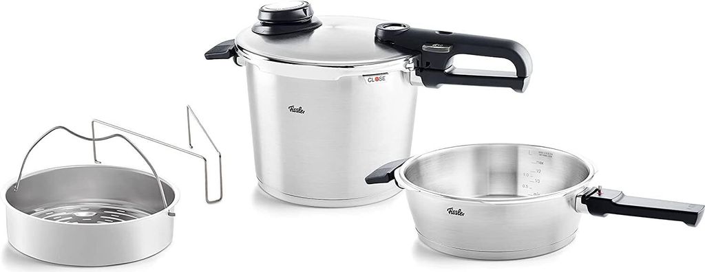 Fissler Vitavit Premium / Schnellkochtopf-Set, 4-teilig (6l - Ø 22 cm & Schnellbratpfanne 2,5l - Ø 22 cm) inkl. Metall-Deckel, Einsatz - Induktion