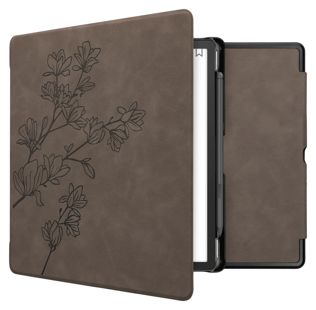 kwmobile Schutzhülle für Amazon Kindle Scribe (2022/2024) Hülle - eReader Case aus Kunstleder mit Auto Sleep Funktion - Magnolien mit Grau