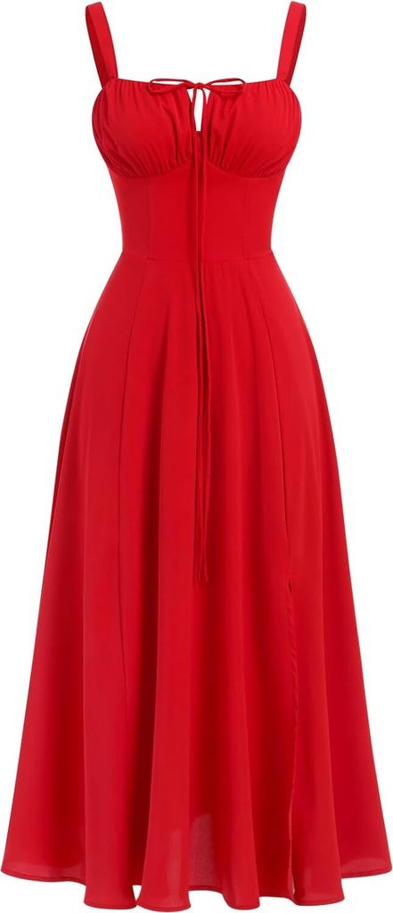 ASKSA Damen Sommer y aermellos Spaghettitraeger Boho Blumen Lang Kleid mit Schlitz (Dunkelrot,XL)