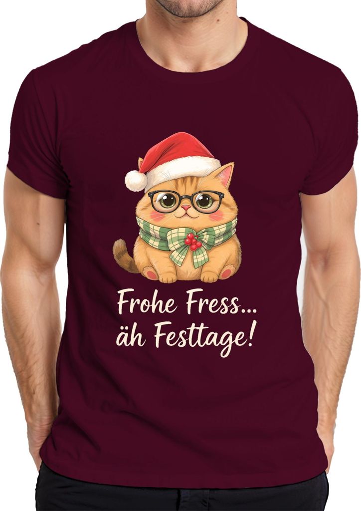 Frohe Fress äh Festtage Weihnachtskatze lustig Geschenk Niedlich Herren T-Shirt, Burgundy, 3XL