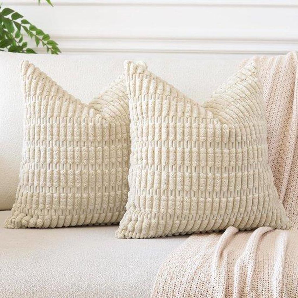 Famanu Kissenbezüge Set von 2 – Corduroy gestreift 50 x 50 cm beige