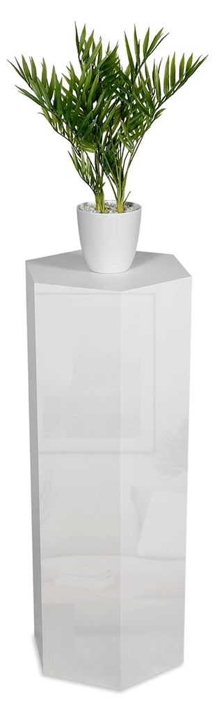 Sechseckige Dekosäule (Weiß Hochglanz, 80x25x25cm) Beistelltisch, Blumenhocker, Pflanzensäule aus Holz