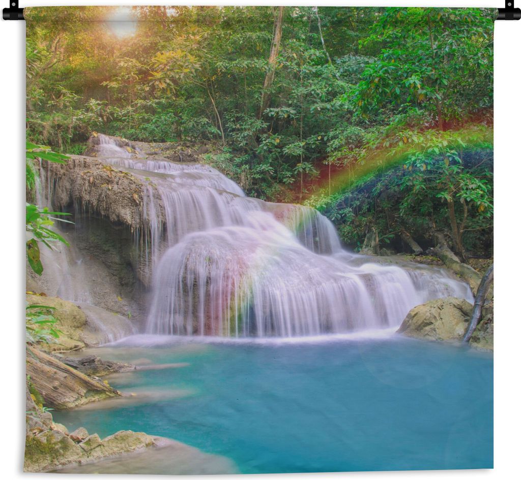MuchoWow Wandteppich Wandbehang Regenbogen - Sonne - Wasserfall - Natur 90x90 cm Tapisserie Dekoration Wandtuch - Wandaufhänger