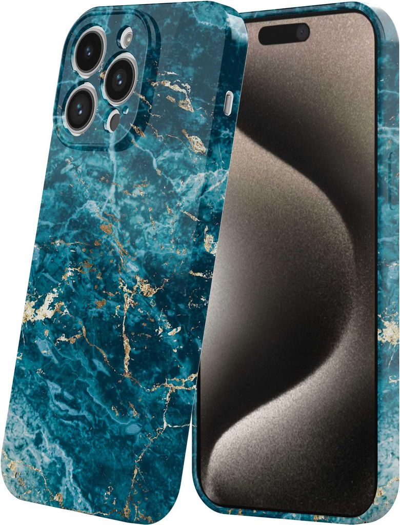 Smartphonica Handytasche geeignet für iPhone 15 Pro Max mit Blau Gold Marmor Print - Flexible Softcase TPU - Backcover Case Blau Gold Marmor Design