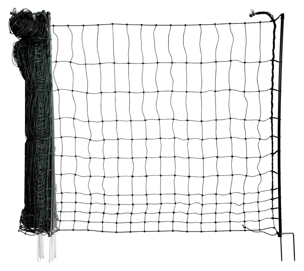 Hühnerzaun 50m lang, 110cm hoch - 14 PVC-Pfähle mit Doppelspitze - grün, nicht elektrifizierbar, mobiler Zaun, Hühnerauslauf, Geflügelnetz