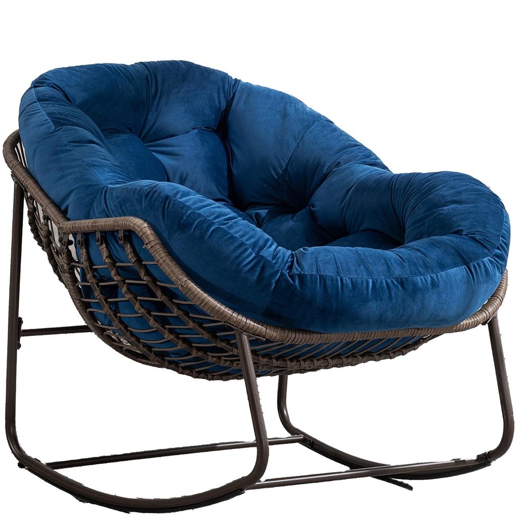 LVHOM Schaukelsessel Garten mit gepolstertem Kissen, Rattanstuhl mit Stahlrahmen, Schaukelstuhl Outdoor Loungesessel, Sessel für Balkon, Blau